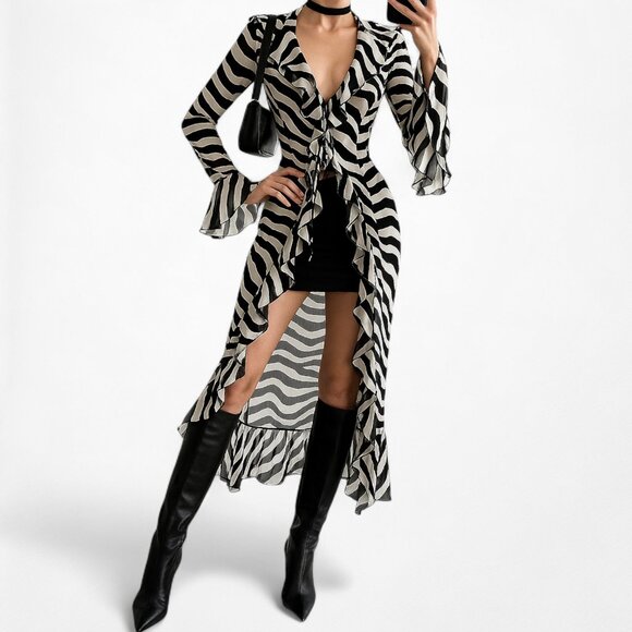Black White Zebra Print Long Bell Sleeves Ruffle Maxi Cardigan Dress Size S - Picture 2 of 9